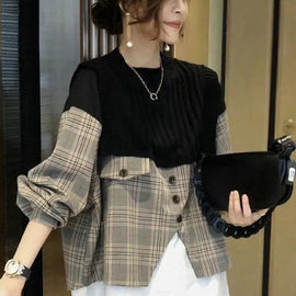 Casual Black Knit Patchwork Plaid Fall Long sleeve Shirt