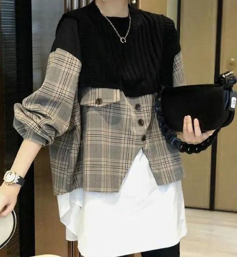 Casual Black Knit Patchwork Plaid Fall Long sleeve Shirt