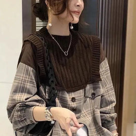 Casual Black Knit Patchwork Plaid Fall Long sleeve Shirt