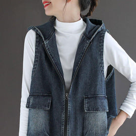 Casual Blue Denim Zippered Pockets Fall Sleeveless Waistcoat