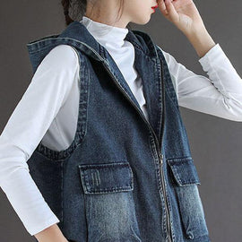 Casual Blue Denim Zippered Pockets Fall Sleeveless Waistcoat