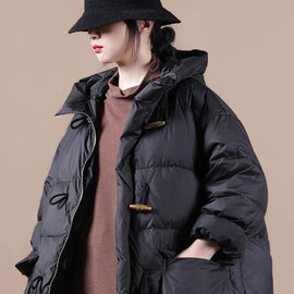 Casual Loose Fitting Womens Parka Overcoat Black Hooded Pockets Cotton Coat