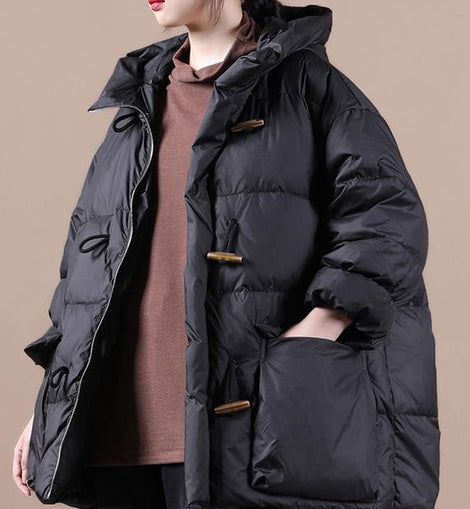 Casual Loose Fitting Womens Parka Overcoat Black Hooded Pockets Cotton Coat