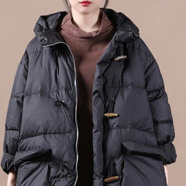 Casual Loose Fitting Womens Parka Overcoat Black Hooded Pockets Cotton Coat