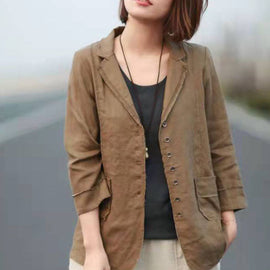 Casual Khaki Patchwork Spring Linen Long Sleeve Tops