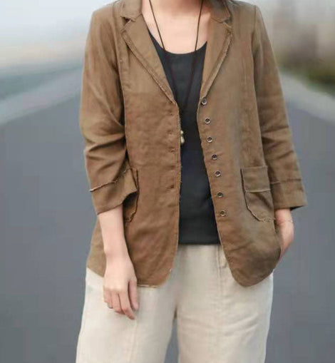 Casual Khaki Patchwork Spring Linen Long Sleeve Tops