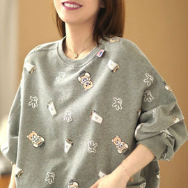 Chic Grey Loose O-Neck Print Fall Pullover Street Wear