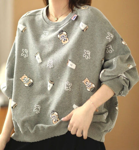 Chic Grey Loose O-Neck Print Fall Pullover Street Wear