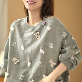 Chic Grey Loose O-Neck Print Fall Pullover Street Wear