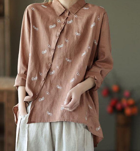 Chic Khaki Peter Pan Collar Button Fall Asymmetrical Design Top Long Sleeve