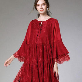 Chic Mulberry Fashion Flare Sleeve Fall Lace Sundress