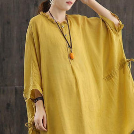 Chic Yellow Shirts O Neck Cinched Top