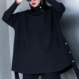 Chic black cotton Blouse high neck asymmetric daily blouse