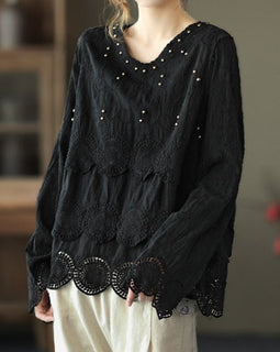 Classy Black fashion V Neck Nail bead Fall Tops Long sleeve