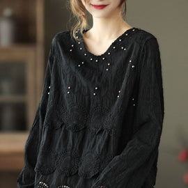 Classy Black fashion V Neck Nail bead Fall Tops Long sleeve