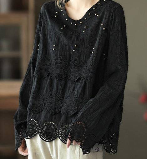 Classy Black fashion V Neck Nail bead Fall Tops Long sleeve