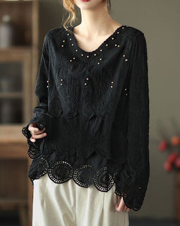 Classy Black fashion V Neck Nail bead Fall Tops Long sleeve