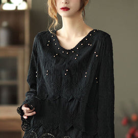 Classy Black fashion V Neck Nail bead Fall Tops Long sleeve