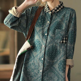 Classy Green Plaid Shirts Women Lapel Pockets Baggy Spring Tops