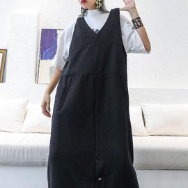 Classy sleeveless cotton dresses Tutorials black v neck long Dresses fall