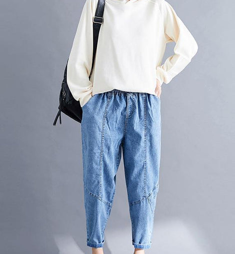 Classy Spring Women Pants Fashion Denim Blue Photography Elastic Waist Patchwork Pant