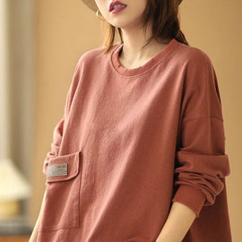 Comfy Brick Red Loose O-Neck Pockets Fall Sweatshirt Street Wear