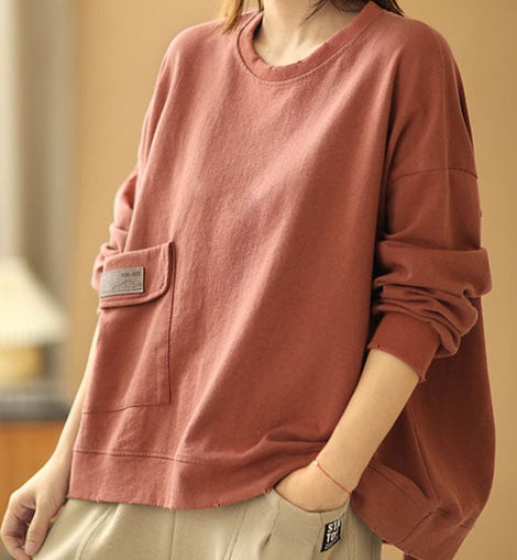 Comfy Brick Red Loose O-Neck Pockets Fall Sweatshirt Street Wear