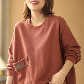 Comfy Brick Red Loose O-Neck Pockets Fall Sweatshirt Street Wear