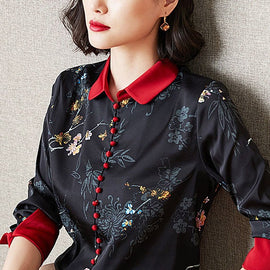 DIY Black Button Print Patchwork Fall Long sleeve Top