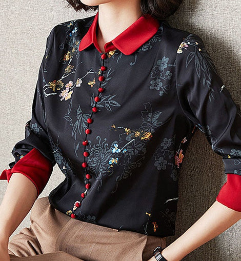 DIY Black Button Print Patchwork Fall Long sleeve Top