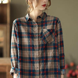 DIY Blue Plaid Blouses For Women Lapel Pockets Art Spring Tops