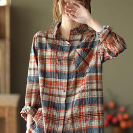 DIY Blue Plaid Blouses For Women Lapel Pockets Art Spring Tops