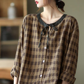 DIY Coffee Plaid Button tie Fall Shirt Long sleeve