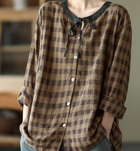 DIY Coffee Plaid Button tie Fall Shirt Long sleeve