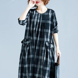 DIY O Neck Pockets Spring Tunics Gray Plaid Maxi Dress