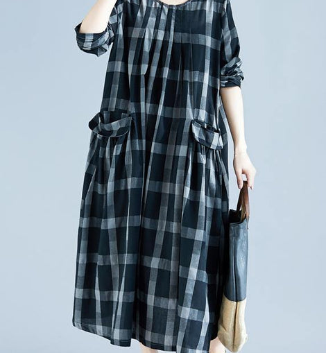 DIY O Neck Pockets Spring Tunics Gray Plaid Maxi Dress