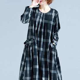 DIY O Neck Pockets Spring Tunics Gray Plaid Maxi Dress