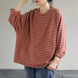 DIY Red cotton Crane tops Striped cotton Spring Sweatshirt