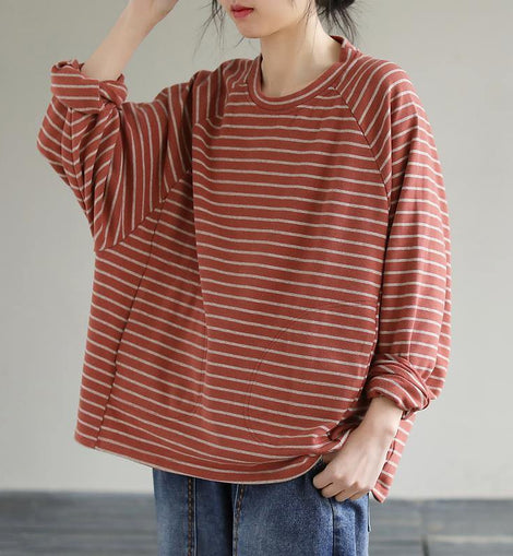 DIY Red cotton Crane tops Striped cotton Spring Sweatshirt