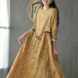 DIY Yellow O-Neck Print Tie Waist Long Sleeve Fall Dress