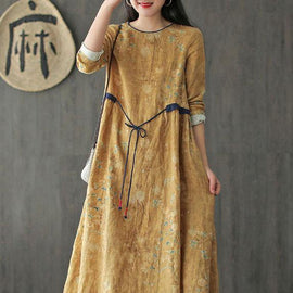 DIY Yellow O-Neck Print Tie Waist Long Sleeve Fall Dress