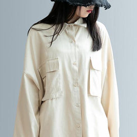 DIY beige clothes For Women lapel pockets Knee shirt