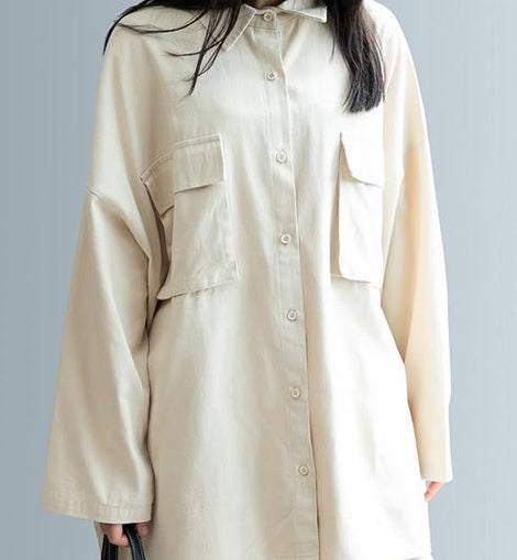 DIY beige clothes For Women lapel pockets Knee shirt