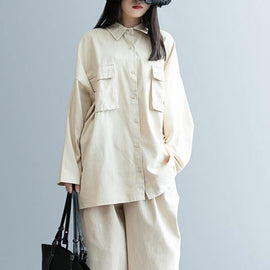 DIY beige clothes For Women lapel pockets Knee shirt