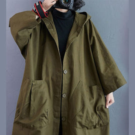 Elegant Army Green Pockets Button Fall Hooded Long sleeve Trench Coats