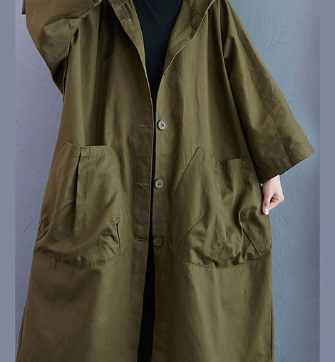 Elegant Army Green Pockets Button Fall Hooded Long sleeve Trench Coats