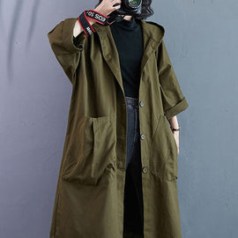 Elegant Army Green Pockets Button Fall Hooded Long sleeve Trench Coats