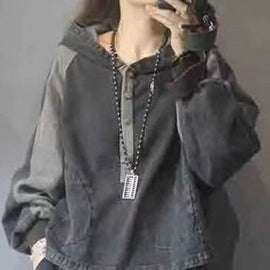 Elegant Black hooded Patchwork Button Fall Denim Pullover Street wear