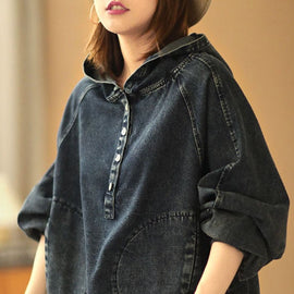 Elegant Hooded Pockets Button Fall Denim Sweatshirts