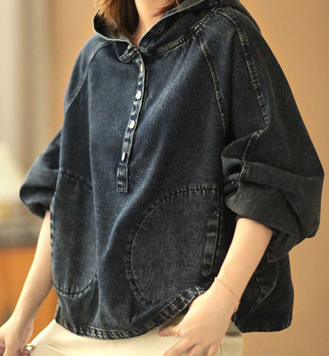 Elegant Hooded Pockets Button Fall Denim Sweatshirts